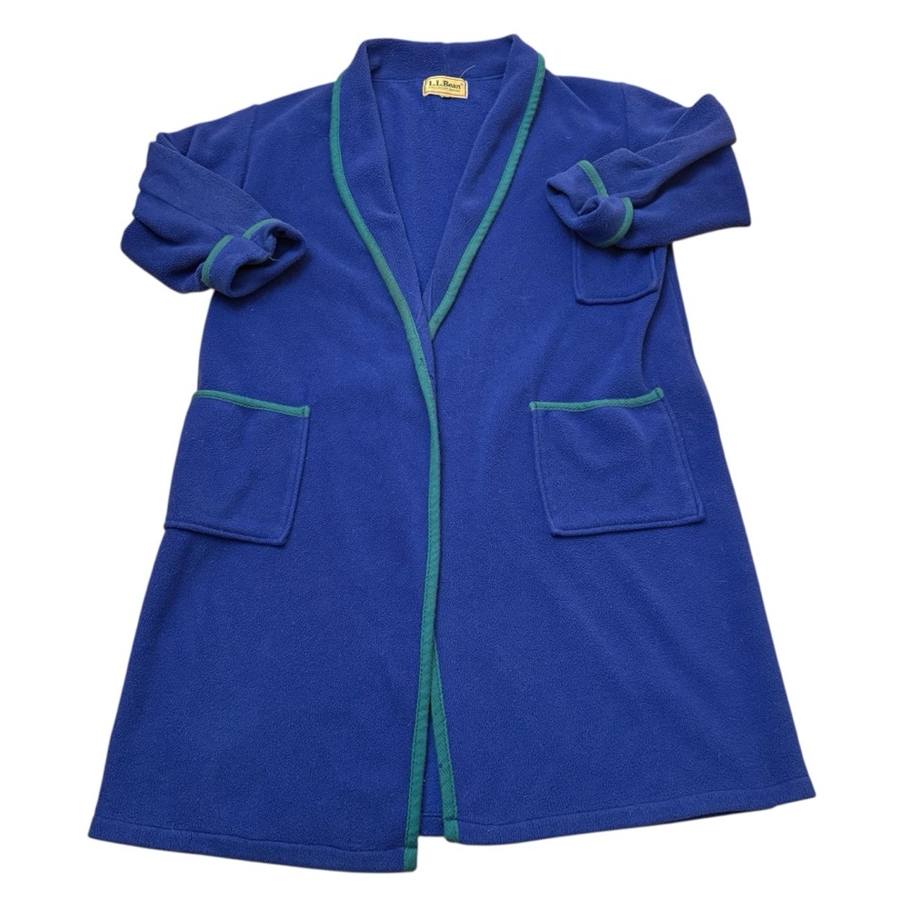 Vintage L.L. Bean 80s Thick Fleece Robe Unisex Blue Green with Waist Tie Pockets
